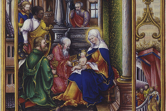 Alte, prachtvolle Darstellung von Jesus, Maria und den heiligen drei Königen