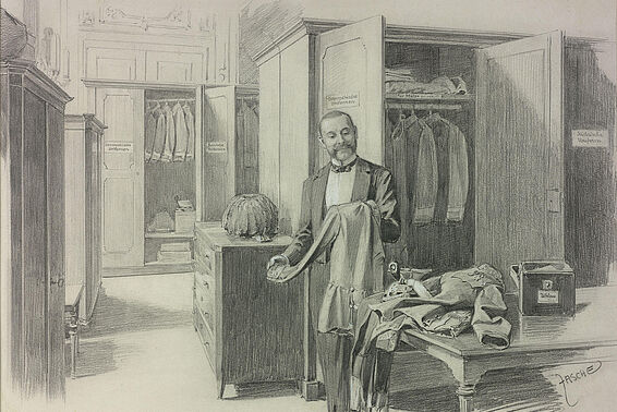 Zeichnung von lächelndem Mann in Frack, der Kleidung bereitlegt