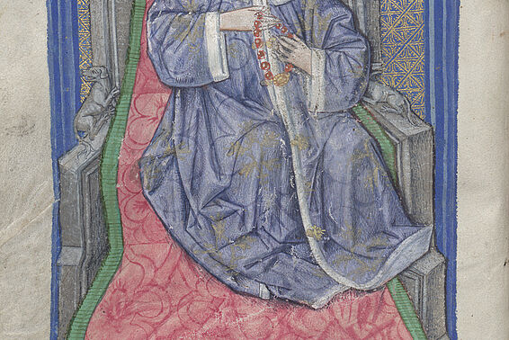 Bunte Zeichnung von König auf thron, der eine rote Kette in der Hand hält