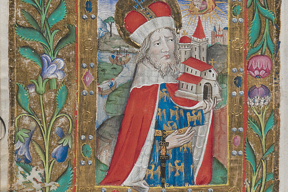 Mittelalterliche Illustration von Mann mit Krone, der eine Kirche trägt