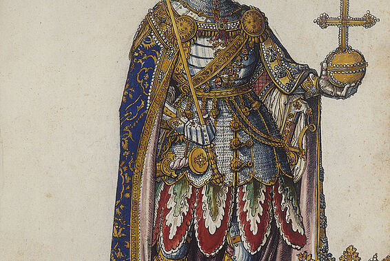 Zeichnung von Mann mit grauem Bart und reichlich verzierter Rüstung mit Krone und Zepter
