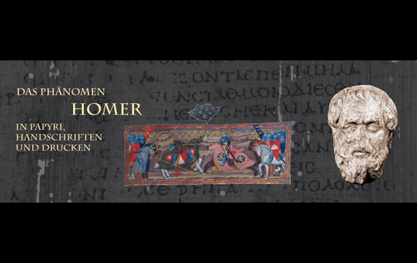 Graues Plakat zur Ausstellung "Das Phänomen Homer"