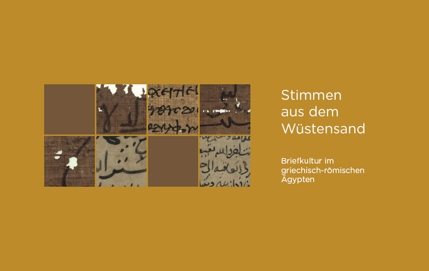 Plakat zur Ausstellung "Stimmen aus dem Wüstensand", braune Quadrate wechseln sich mit Papyri ab