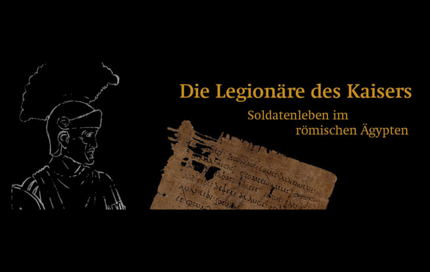 Plakat zur Ausstellung "Legionäre des Kaisers. Soldatenleben im römischen Ägypten", Silhouette eines römischen Soldaten, daneben ein Payrus