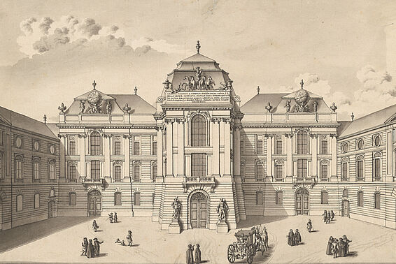 Zeichnung von U-förmigem Hof mit prachtvollem Gebäude und Personen