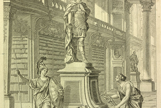 Zeichnung von Statue inmitten von Bücherregalen, flankiert von zwei Göttinnen