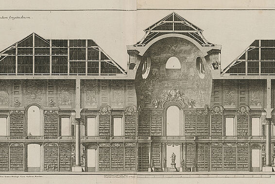 Zeichnung von Längsschnitt eines mehrstöckigen Gebäudes mit Kuppeln