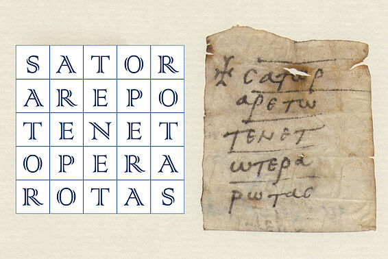 Grafik mit einer weißen Fläche und fünf Zeilen mit Buchstaben, daneben der Scan eines Papyrus mit denselben Buchstabenreihen