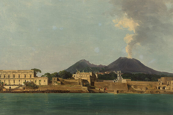 Ansicht einer Hafenstadt mit dem rauchenden Vesuv im Hintergrund
