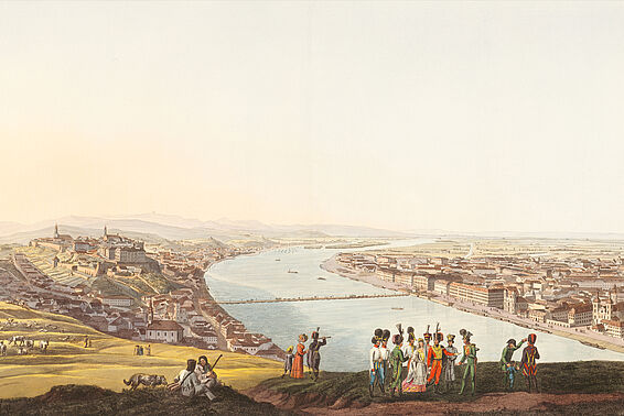 Alte Ansicht der Donau mit bunt gekleideter Menschenmenge am Ufer