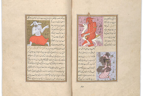 Doppelseite eines alten Buches, bunte Zeichnungen und persische Handschrift, gezeigt werden 3 sogenannte Divs, Dämonen der persischen Mythologie