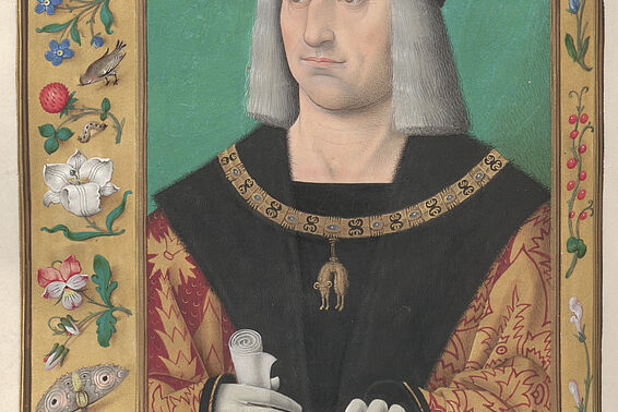 Mittelalterliche Zeichnung von Mann mit langen, grauen Haaren und Hut, drumherum ein rahmen mit Pflanzen und Tieren