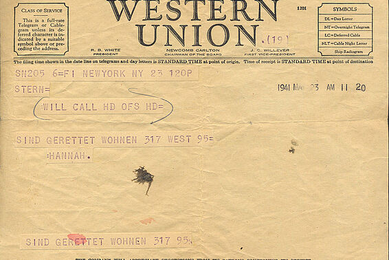 Telegramm von Western Union, der Text lautet "SIND GERETTET WOHNEN 317 WEST 91 HANNAH"