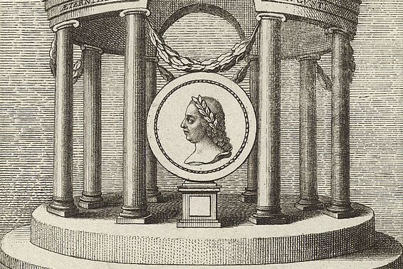 Darstellung eines Tempels mit einem Medaillon des Kaisers Franz Stephan von Lothringen, Kupferstich von Jac. Mercorus, um 1780 – © Österreichische Nationalbibliothek