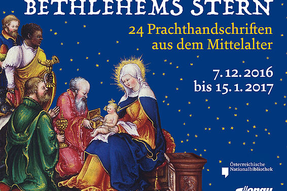 Alte, prachtvolle Darstellung von Jesus, Maria und den heiligen drei Königen. Titel: Unter Bethlehems Stern