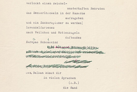Getippter Text, ein paar Zeilen grün durchgestrichen; Elfriede Gerstl: „Wien. Stadt mit Ärmelschoner“ o. D. – © Österreichische Nationalbibliothek