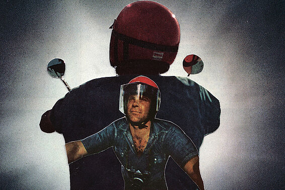 Collage aus zwei Fotos von einem Mann mit Moped-Helm, darunter steht "I hoped to find interesting people with stories to tell"