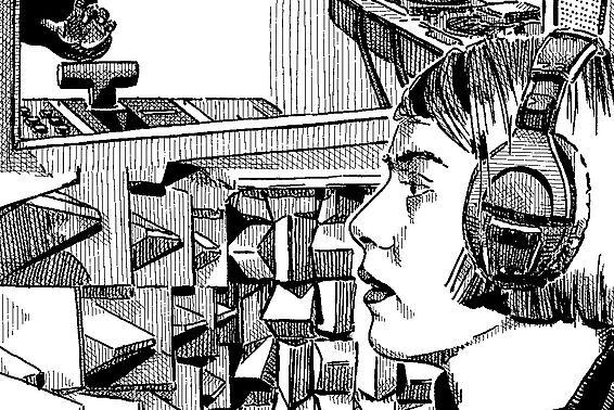 Comic-artige Zeichnung von Frau mit Kopfhörern, Schaltern und Hebeln sowie Menschen, die um ein sinkendes Auto herumstehen. Schwarz-weiß
