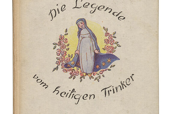 Buchcover mit Zeichnung von verschleierter Person und Text "Die Legende vom heiligen Trinker"