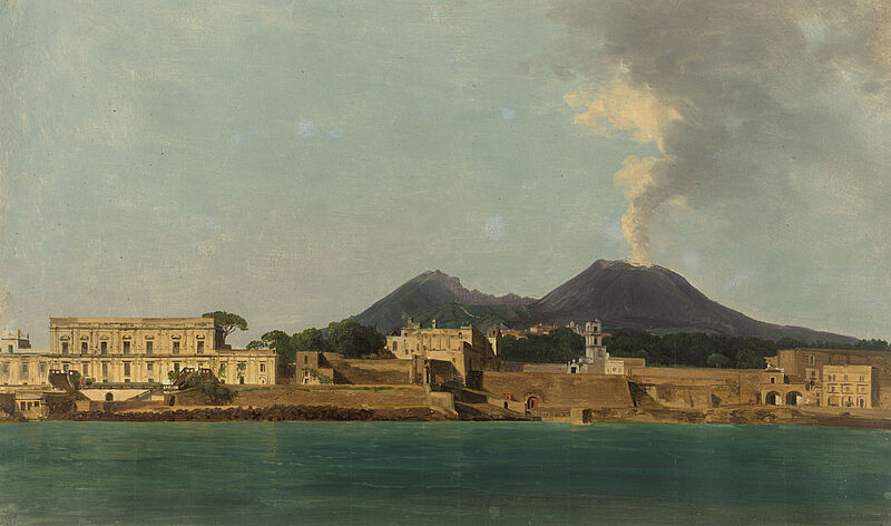 Gemälde eines Hafens mit mehreren Gebäuden und Festungsmauern, im Hintergrund ein rauchender Vulkan