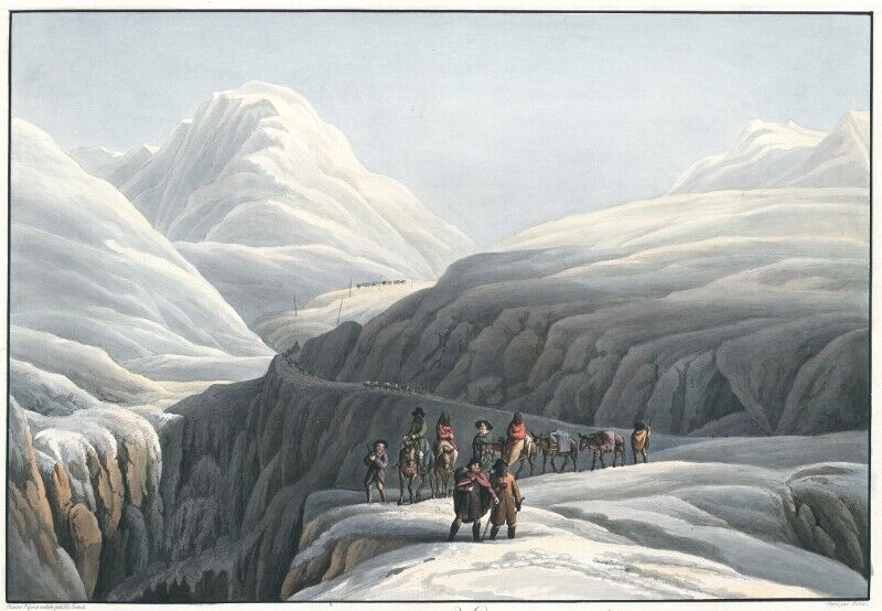 Gruppe Bergsteiger mit Packeseln in Schneelandschaft