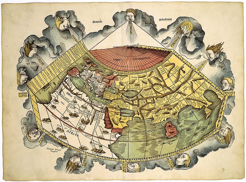 Ungewöhnlich geformte Weltkarte mit lateinischer Beschriftung, rundherum Menschengesichter, die Wind blasen