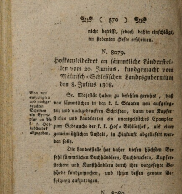 Vergilbte Buchseite mit Dekret