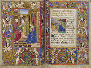 Mittelalterliche Handschrift mit vielen Bildern, sehr bunt; Links eine Frau, die von einem Engel besucht wird