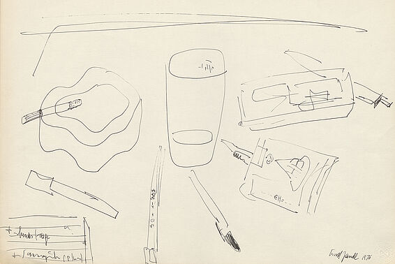 Skizze von verschiedenen Gegenständen, ein Aschenbecher mit Zigarette und ein volles Glas sind erkennbar