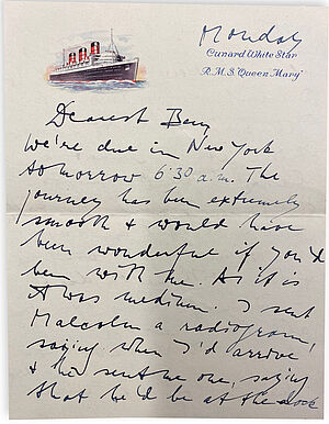 Handgeschriebener Brief von Ludwig Wittgenstein mit Schiff "Queen Mary" am Briefkopf