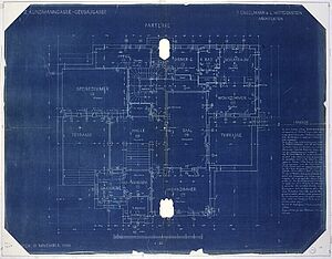 Blaues Papier mit weißem Grundriss des Wittgensteinhauses