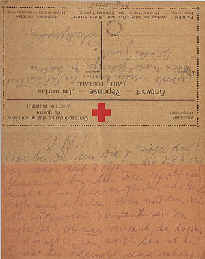 Hangeschriebene Korrespondenzkarte von Ludwig Wittgenstein mit rotem Kreuz und rot markierter Textpassage