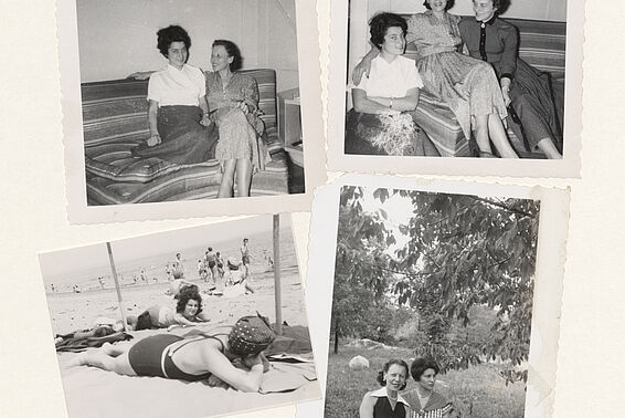 Vier schwarz-weiße Fotos von Frauen am Strand, auf einem Sofa und unter einem Baum.