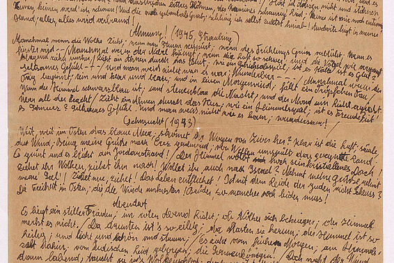 Vier Texte mit Tinte handschriftlich auf braunes Papier geschrieben.