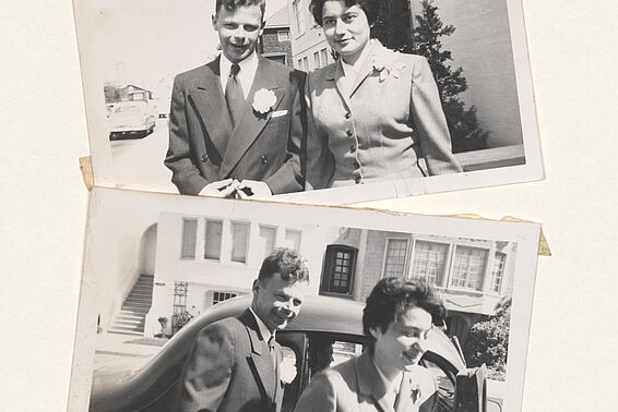 Zwei Fotos von einem Mann und einer Frau, beide tragen elegante Anzüge und lächeln - schwarz-weiß.