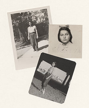 Drei Schwarz-Weißfotos von einer Frau, zwei davon Ganzkörper und ein Porträt.