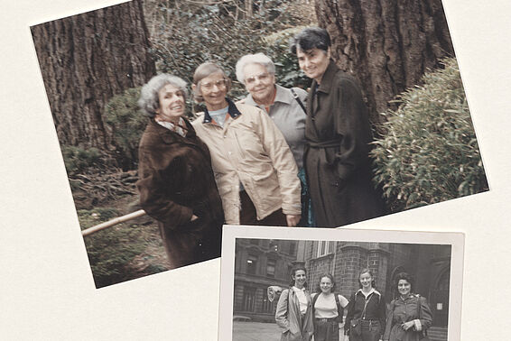 Zwei Fotos von vier Frauen. Auf einem sind sie jünger (schwarz-weiß), auf einem älter (farbig).