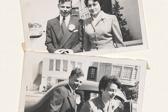 Two photos of a man and a woman in suits in front of a buildung