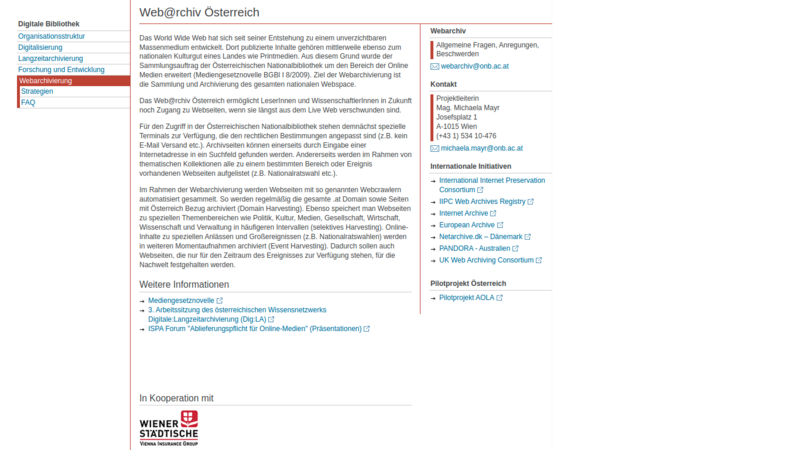 Screenshot einer Website mit Titel Webarchiv Österreich