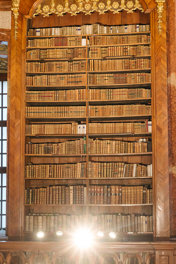 Volles Bücherregal mit Golderzierungen.