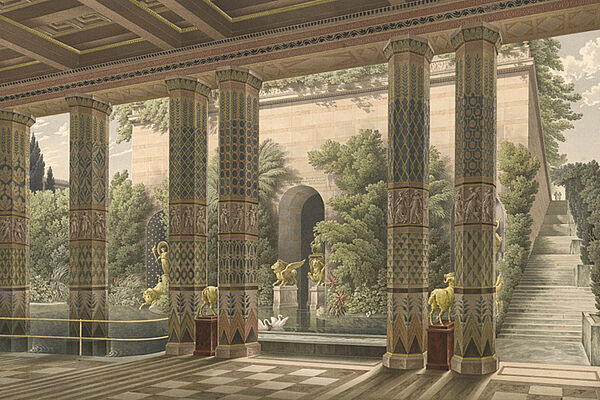 Alte Darstellung eines orientalischen Palastes, reich ornamentierte Säulen und grüner Garten