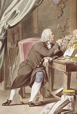 Baron Gerard van Swieten immersed in botanical studies Watercolour by Karl Ruß after a design by Karl Lorenz Gindl