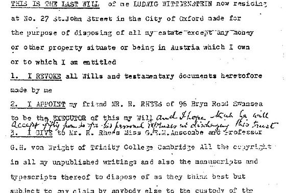 Testament von Ludwig Wittgenstein auf Englisch. Weißes, mit Schreibmaschine beschriebenes Blatt