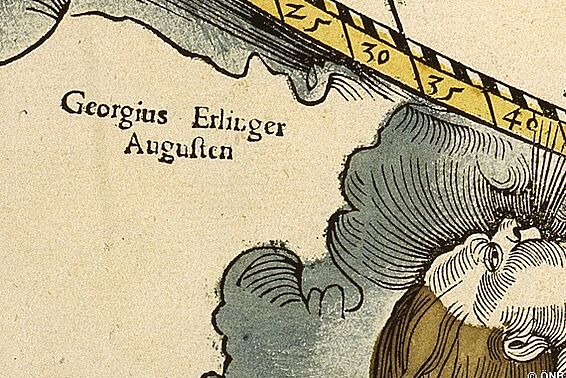 Menschengesicht pustet Wind auf Karte, Detail