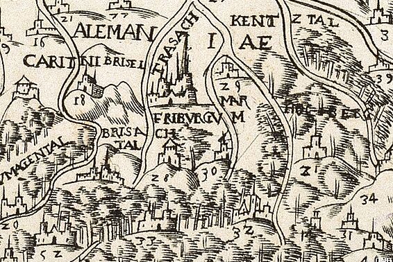 Kartendetail, schwarz-weiße Berge mit Häusern