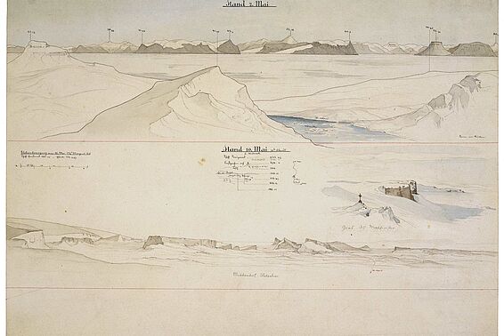 Zwei Karten: 2. Mai Berglandschaft, 10. Mai Berglandschaft unter Schnee begraben