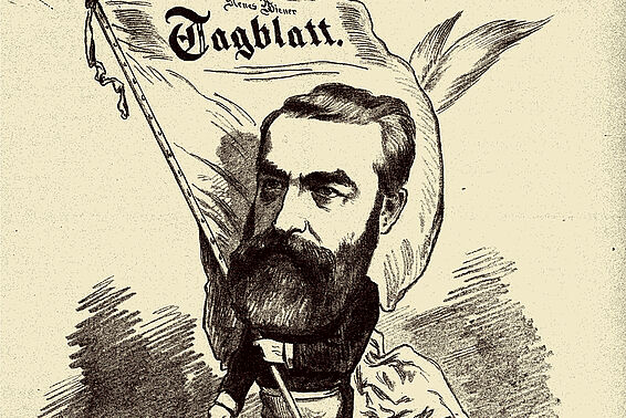 Zeitschrift „Die Bombe”, Titelblatt mit einer Karikatur des Moriz Szeps, 22. Juli 1877 – © Österreichische Nationalbibliothek