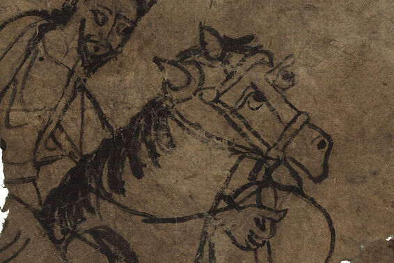 Beschädigter Papyrus mit Zeichnung von Reiter