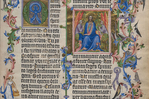 Zweispaltige, mittelalterliche Handschrift mit prachtvollen Illustrationen von Menschen und Vögeln