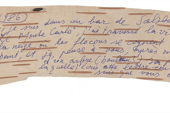 Brief von Peter Handke an Rene Char, Manuskript auf Holzrinde